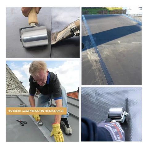 Seam roller with wooden handle and metal wheel for Eternabond roof tape, used on RV/car roofs