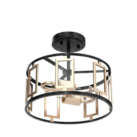 2 Light Modern Semi Flush Mount Ceiling Light With Clear Glass Shade Close To Ceiling Fixture Delivers Bright Ambient Lighting For Hallways Bedrooms And Kitchens In A Gold Black Silver Brushed Finish For A Sleek Luxe Contemporary Look shown with geometric design in gold and black.