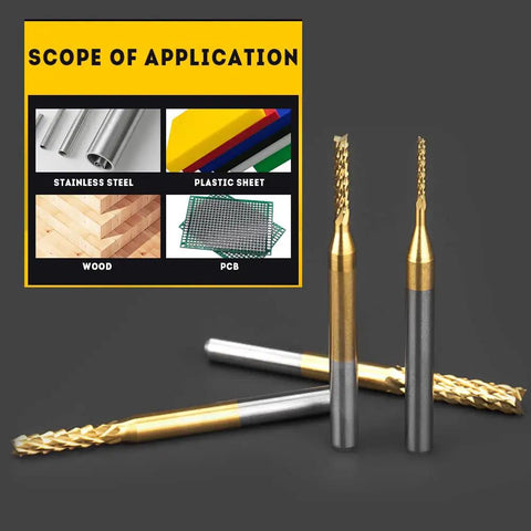 10Pcs Titanium Coated Carbide End Mills 0.8 To 3.0 Mm Engraving Bits For CNC Rotary Burrs Set shown with scope of application