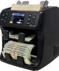Black Bank Grade Mixed Denomination Money Counter With Reject Pocket And Printer Enabled, displaying counted bills