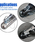 Five Piece Trailer Coupler Pins Set Five Sixteenths By One And Three Quarters Inch With Plastic Coating Tether And Quick Release Ring Zinc Plated Steel Shaft Tongue Pin For Secure Hitch And Loss Prevention, shown securing various hitch types.