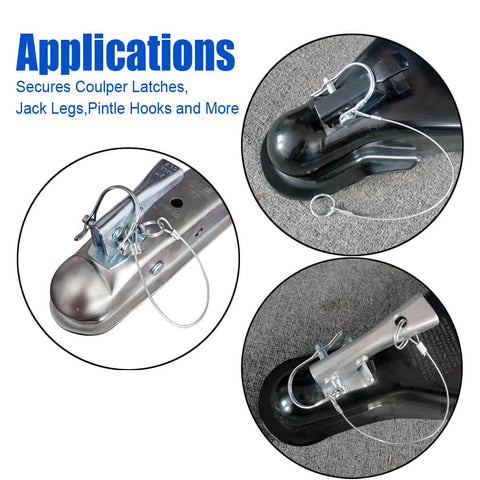 Five Piece Trailer Coupler Pins Set Five Sixteenths By One And Three Quarters Inch With Plastic Coating Tether And Quick Release Ring Zinc Plated Steel Shaft Tongue Pin For Secure Hitch And Loss Prevention, shown securing various hitch types.