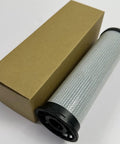 Beefy Double Length Hydraulic Filter Element 10 Micron 10QE Microglass For Parker 12CS Medium Pressure Spin On Filter Series Oil Filter Element Fits Mineral PAO Fluids Coreless Replacement next to cardboard box.