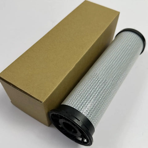 Beefy Double Length Hydraulic Filter Element 10 Micron 10QE Microglass For Parker 12CS Medium Pressure Spin On Filter Series Oil Filter Element Fits Mineral PAO Fluids Coreless Replacement next to cardboard box.