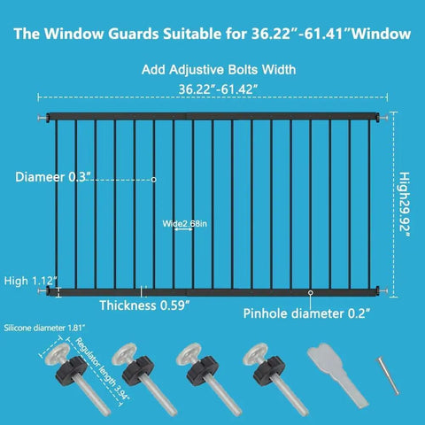 Diagram of Extra Wide White Window Safety Guard For Kids And Pets No Drill Easy Install, with dimensions and installation parts.