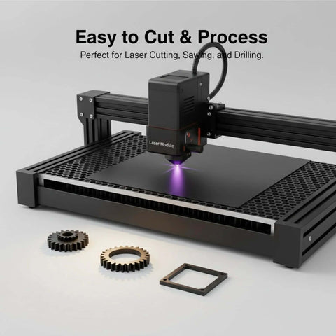 Front view of a laser engraver cutting a black acrylic sheet on its bed.