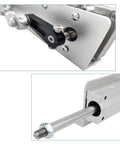 JQDML Reciprocating Cycle Linear Actuator head view with mounting plate on silver housing.
JQDML Reciprocating Cycle Linear Actuator chrome rod extending from silver aluminum body.