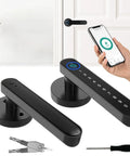 4 In 1 Smart Door Lock with Fingerprint, Bluetooth App Control, Keypad Code and Physical Key, black handle on white door
