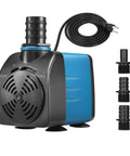 High Flow Submersible Pond Pump 480 GPH 8.2 Ft Lift, 35W with three nozzles for small ponds, fish tanks, and aquariums, ultra quiet