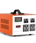 Heavy Duty 3000W Voltage Converter with LCD Display, 4 outlets, orange casing, CE certified for home, office, and travel use.