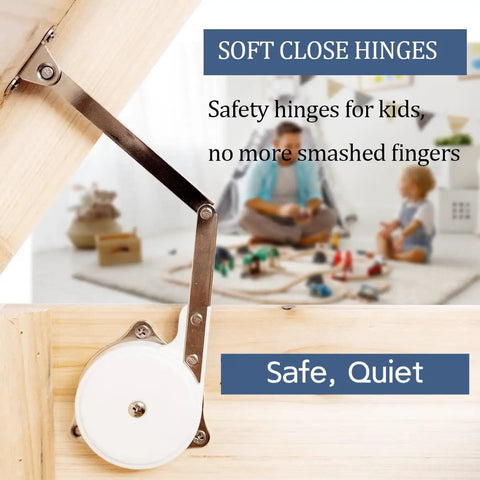 Soft Close Toy Box Hinges With Lid Support For Wooden Chests Slow Closing Chest Hinge Pack Of 2 Safe And Quiet Toy Storage Lid Stay Open Mechanism For Kids Toy Box, installed on wooden lid in a child's playroom.
