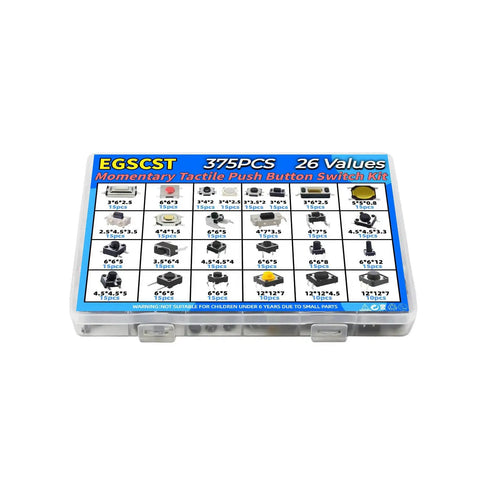 Maker Friendly Assorted Micro Momentary Tactile Push Button Switch Kit with 375 Pieces and 26 Values box view