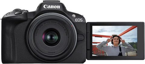 Front view of R50 APSC Mirrorless Camera Kit With 18 To 45mm Lens, 4K Video, Dual Pixel AF II, Vari Angle Touchscreen displaying photo