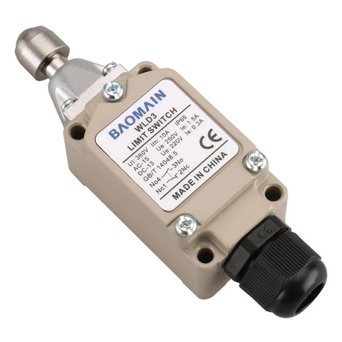 Rock Solid IP66 Waterproof Limit Switch With Sealed Top Ball Plunger And Momentary Snap Actuator in grey housing for industrial use.