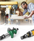 Three Piece Collet Adapters Set 6mm 6.35mm 8mm for straight grinders and routers, carbon steel, shown in woodworking setting