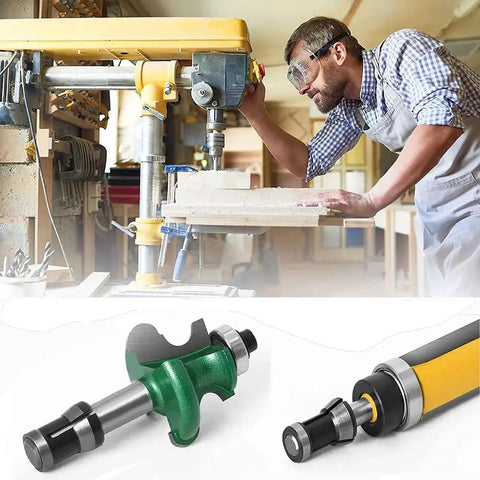 Three Piece Collet Adapters Set 6mm 6.35mm 8mm for straight grinders and routers, carbon steel, shown in woodworking setting