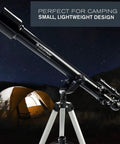 PowerSeeker 60AZ Telescope For Beginners With Manual Alt Azimuth Mount under starry sky by lit tent