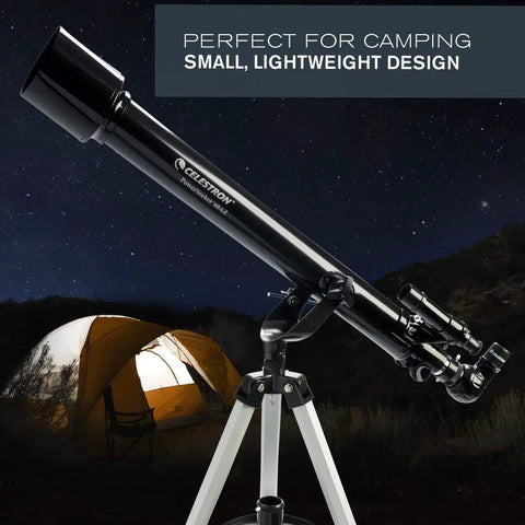 PowerSeeker 60AZ Telescope For Beginners With Manual Alt Azimuth Mount under starry sky by lit tent
