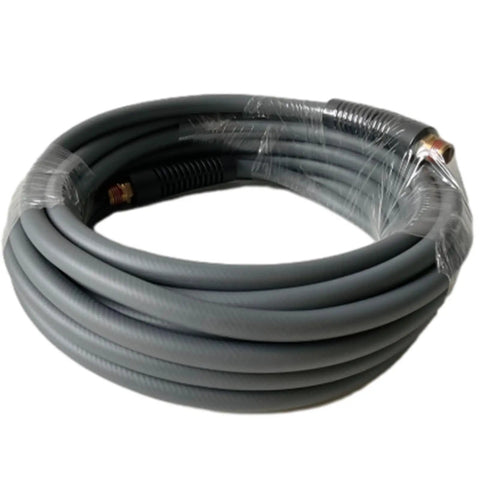 Lightweight Hybrid Air Compressor Hose One Quarter Inch By Thirty Feet With Flex Friendly Bend Restrictors and Thirteen Piece Accessory Kit For No Sweat Weekend Builds And 300 Psi Pneumatic Setup coiled and wrapped in plastic.