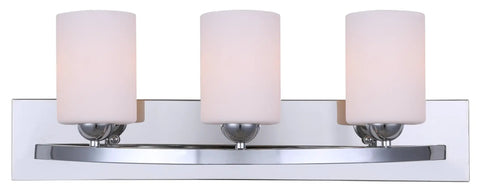 Slick Chrome Hampton 3 Light Vanity With Flat Opal Glass Damp Location Rated Bathroom Light 24 Inch Wide Fixture Uses 3 Type A Bulbs Not Included Transitional Modern Design, front view of chrome finish with opal glass shades