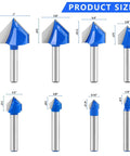Eight-Piece 90 Degree V-Groove Router Bit Set With 1/4 Inch Shank, Carbide-Tipped 2-Flute Engraving Bits, size range illustration