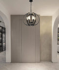 Black Globe Pendant Lights With Six Lights, Adjustable Ceiling Hanging Chandeliers In Modern Interior Hallway