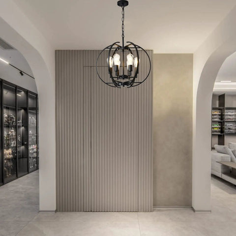 Black Globe Pendant Lights With Six Lights, Adjustable Ceiling Hanging Chandeliers In Modern Interior Hallway