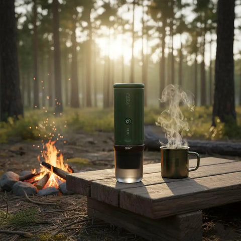 Ultra Portable Espresso Maker With Self Heating Tech On The Go next to a campfire, with a steaming mug, ideal for camping.