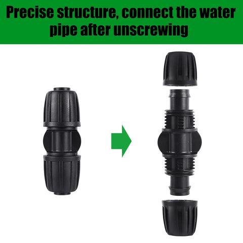 Ten Pack Half Inch Drip Irrigation Barbed Coupling Connectors, Straight Anti Drop Fittings assembly view