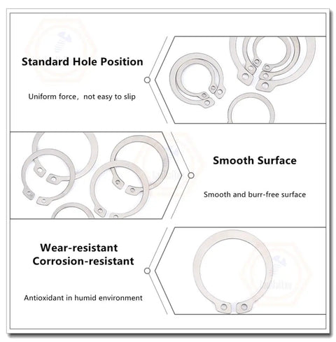 C-Clip Retaining Rings 50 Pack External Circlips Stainless Steel 304 with standard hole position, smooth surface, corrosion-resistant features