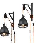 Vintage Industrial Wheel Pulley Wall Mount Lamp Set Of 2 With Plug In 7 Foot Brown Cord, Adjustable Wall Sconce Sand Black Iron Cage Farmhouse Vibe Decor