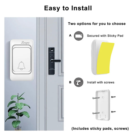 Image showing Ultra Long Range Doorbell Kit with 1300 Feet Of Wireless Range, plug-in installation options with sticky pad or screws.