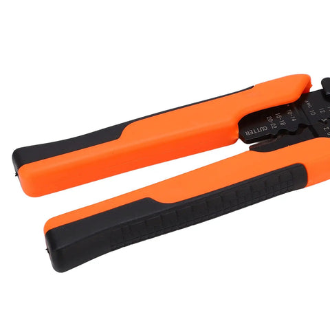 Heavy Duty Yet Lightweight Multi Function Wire Stripper With Slick Comfort Grip, orange and black handles for precision work on wires.