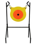 Boomslang AR500 Steel Shooting Gong Target 0.5 Inch Thick 9.5 Inch Diameter with Stand and Hanging Hardware on display