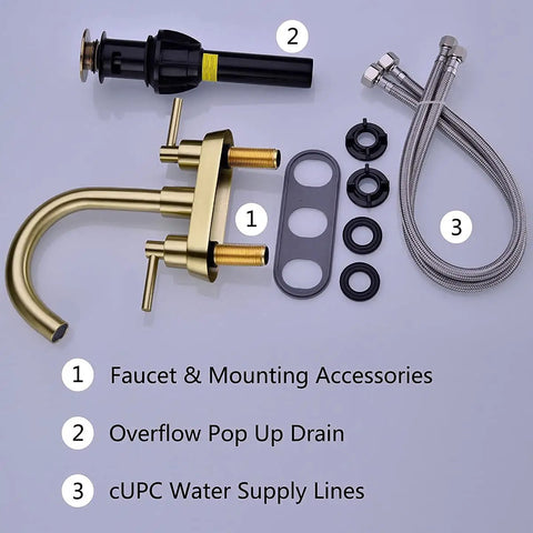 Brushed Gold 4 Inch Centerset Bathroom Faucet With Two Handles For 3 Hole Lavatory Vanity Sink Overflow Pop Up Drain CUPC Water Supply Lines Spot Resist Finish Lead Free Stainless Steel No Fuss Renovation Kit parts layout