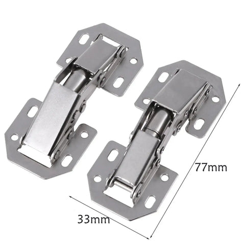 Two durable zinc alloy Ten Piece NoDrill Furniture Hinges delivering NoFuss cabinet mounts, measuring 77mm by 33mm, perfect for fast repairs.