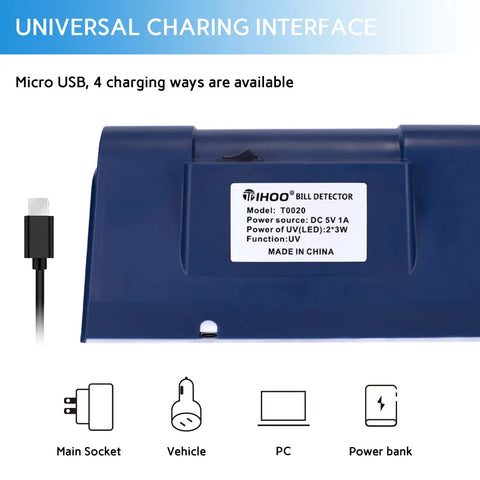 Counterfeit Bill Detector With LED UV Light 365nm Ultra Bright Go To Money Verification Tool For Bills Long Life LED No Tube Replacement Fake Money Detector Machine Blue back view with charging options