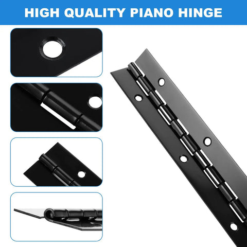 Close-up view of Sixteen Piece 8 Inch Piano Hinges Straight Up Heavy Duty Continuous Hardware In Rust Resistant Iron.