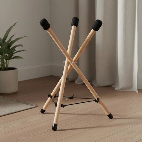 Heavy Duty Beech Wood Drum Rack With Tripod Legs And Adjustable Rope Mount For Steel Drums Folds Flat For Tour Ready Travel Hella Stable Pro Vibe With Thick Sponge Padding Large with visible tripod legs.