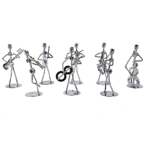 Premium Hand Welded Music Note Statues Set Of Eight slick industrial wire sculptures, 5-inch tall metal musicians on stands.
