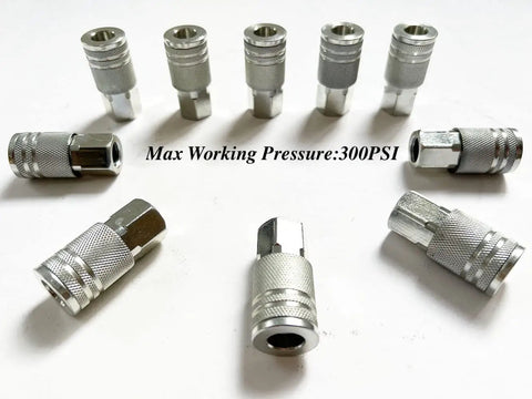 Beefy One Quarter Inch Steel Female Industrial Air Coupler Quick Connect Fittings Set With Storage Case, 10 Pack, 300 psi