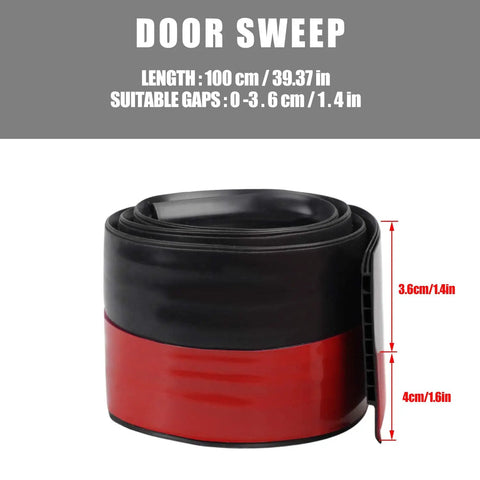 Rolled 3-inch wide door draft stopper for large gaps, 37-inch long seal, adhesive backing, shown in black and red.