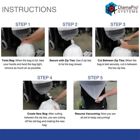 Instructions for using Continuous Infinity Dust Bag Roll For Dust Collectors, 72 Foot, 5.5 Mil Thick, with zip tie steps.