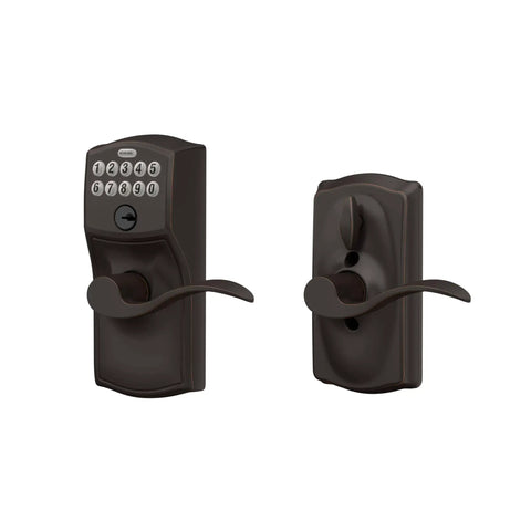 Front and side view of Camelot Keypad Lock With Lever Handle Electronic Keyless Entry For Easy Access Flexible Auto Lock Option Aged Bronze Finish FE595 V CAM 716 ACC