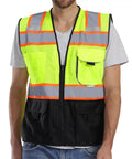 High Visibility Reflective Safety Vest With Pockets And Zipper, ANSI Class 2 Mesh, 3M Reflective Tape, Yellow And Black, Large