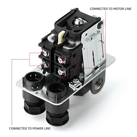 Air Compressor Pressure Switch And Regulator Kit 110V 240V 4 Way Valve With 0 To 200 PSI Regulator and safety relief valve close-up