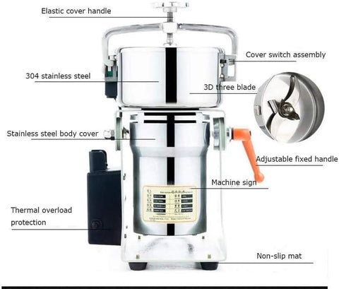 Electric Grain Grinder Mill High Speed Powder Machine For Beans Seeds Nuts Spices Herbs Pepper Cereal Wheat Coffee Grinder showing parts