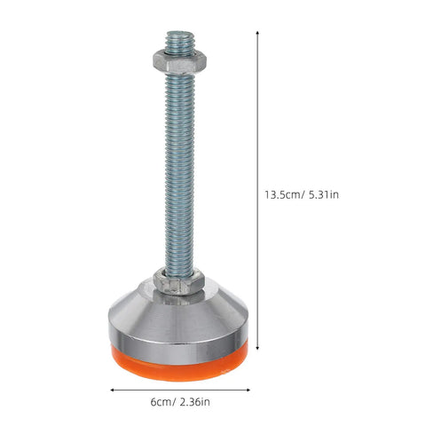 Heavy Duty Swivel Leveling Feet For Workbenches And Shop Tables With Quick Height Adjustment Non Slip Rubber Pads Rock Solid Base built with metal and rubber, showcasing height adjustment.