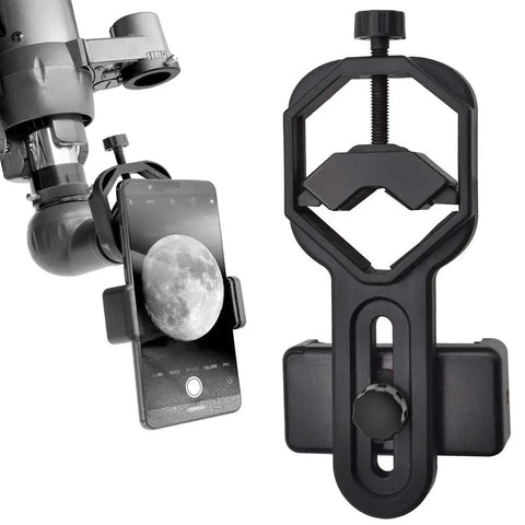 Universal Smartphone Telescope And Microscope Adapter Mount For IPhone Samsung HTC LG And Other Phones Fits 55 To 85 Mm Wide shown attached to telescope with moon visible on phone screen.