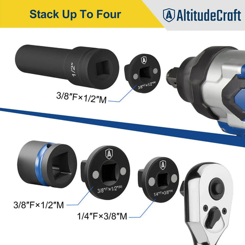 Low Profile Impact Socket Adapter Set For Tight Spaces Lets You Convert Drive Sizes From Three Eighths To Half Inch And From One Quarter To Three Eighths And From Three Quarters To One Inch And From One Half To Three Quarters Four Pack For Pros showing different adapter pieces